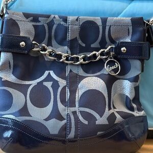 Coach Navy and Silver Signature Chain Crossbody Bag